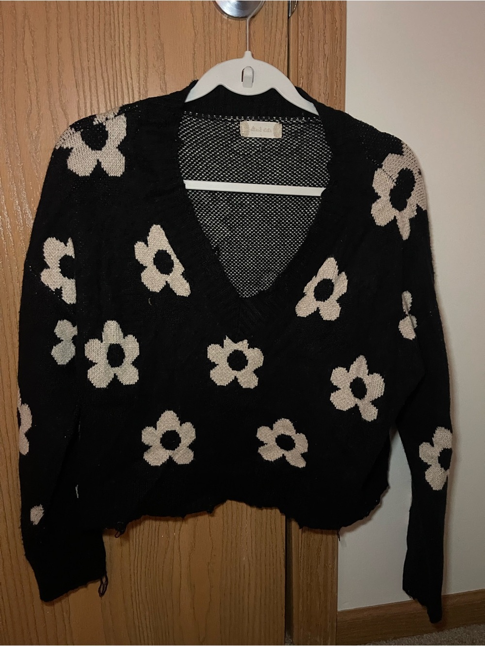 Altar'd State Black V-Neck Sweater with Cream Floral Knit